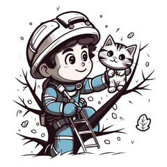 Cartoon boy in a helmet and with a cat on a tree