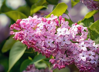 Closeup on beautiful pink flowers of a lilac tree blooming in a garden