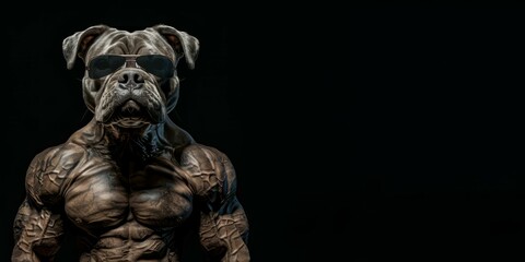 Portrait of Strong dog body builder super muscles. bodybuilder dog with arms crossed. image of a pet dogs head on a human bodybuilders body on black background with copy space. Generative ai - obrazy, fototapety, plakaty