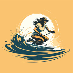 surfer riding on the waves. vector illustration of a woman surfing
