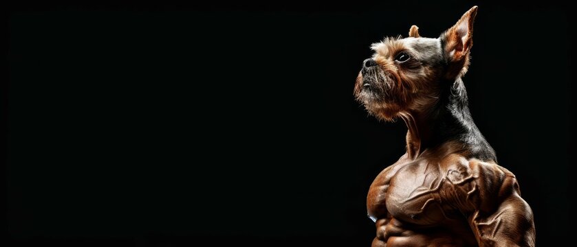 Portrait of Strong dog body builder super muscles. bodybuilder dog with arms crossed. image of a pet dogs head on a human bodybuilders body on black background with copy space. Generative ai