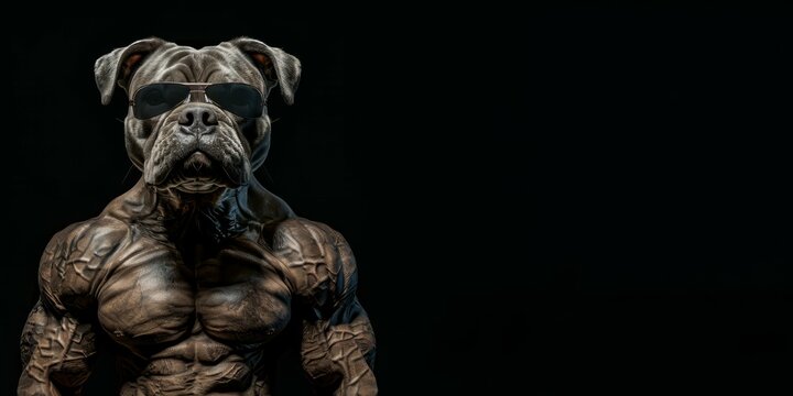 Portrait of Strong dog body builder super muscles. bodybuilder dog with arms crossed. image of a pet dogs head on a human bodybuilders body on black background with copy space. Generative ai