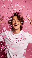 A close-up of a smiling fashionable stylish curly-haired young man wearing a pink shirt on a colored background with festive confetti looks at the camera. The Concept Of A Holiday, A Birthday.