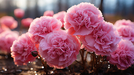 Under the affectionate rays of the sun, carnations blossom on the street, filling the air with - obrazy, fototapety, plakaty