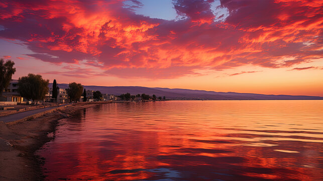 Under the warm rays of the sunset sun, the lake surface turns into a sparkling gold mirror, re
