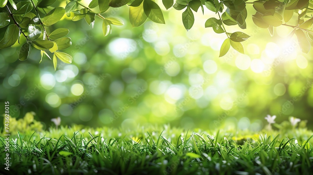 Poster spring summer background with frame of grass and leaves on nature.
