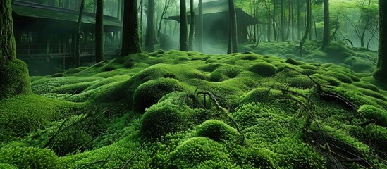 Beautiful rainforest with green moss covering the forest ground. AI generated image - obrazy, fototapety, plakaty