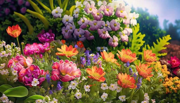 A vibrant, lush garden of spring flowers, bursting with color and life