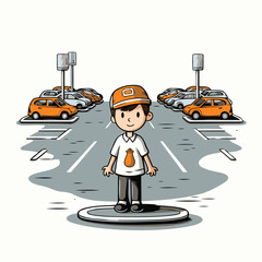 Cartoon man standing on the road with traffic. Vector illustration.