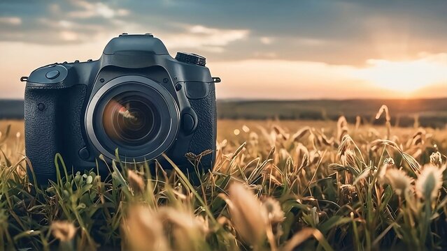 camera in the grass or cornfield , camera advertisment.