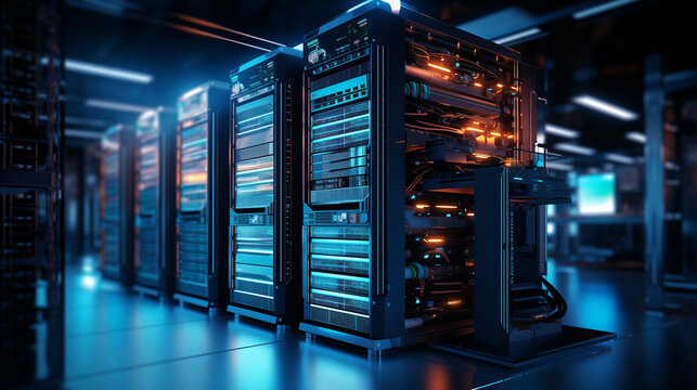 data server of technology company, futuristic cyber security technology, stack of work stations, online data management