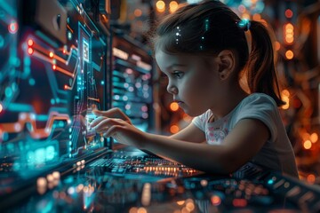 future technology, augmented reality and cyberspace concept. Education new technology. EdTech. Little girl uses a futuristic processor for augmented reality. Science technology concept. - obrazy, fototapety, plakaty