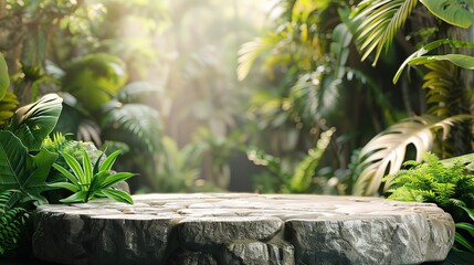 Stone podium table top floor on outdoors blur monstera tropical forest plant nature background