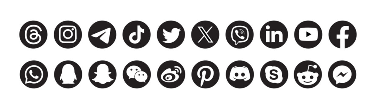 Collection of logos of popular social networks. Facebook, instagram, twitter, linkedin, youtube, telegram, snapchat, whatsapp, weibo, discord, pinterest, viber, TikTok, threads Realistic editorial set