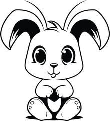 Cute Cartoon Rabbit - Black and White Vector Illustration. Isolated On White Background