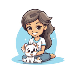 Cute little girl sitting with her dog. cartoon vector illustration.