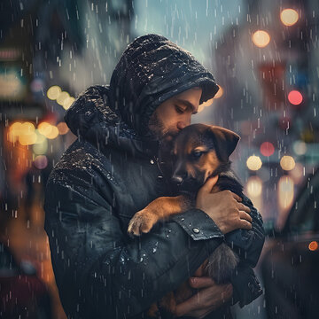 Image of a man holding a puppy in his arms. A rainy background in a city