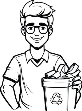 Vector illustration of a man with a trash can and a recycle bin