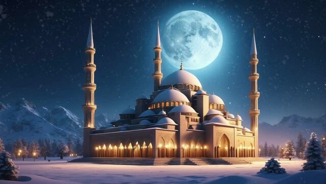 the great beautiful mosque at night with moon and star