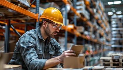 Concentrated logistics specialist scanning barcodes in organized warehouse with protective eyewear