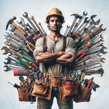 a man holding a tool belt full of tools, a stock photo , trending on shutterstock, assemblage, stock photo, stockphoto, creative commons attribution