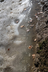 Muddy dirt road with melting snow with puddles and water. Spring background.