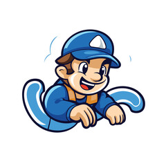 Vector illustration of a cartoon skier in blue overalls and cap.