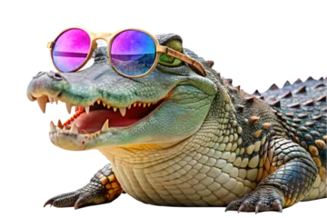 Foto auf Alu-Dibond portrait crocodile with fancy sunglasses isolated on a transparent background © Thanawat