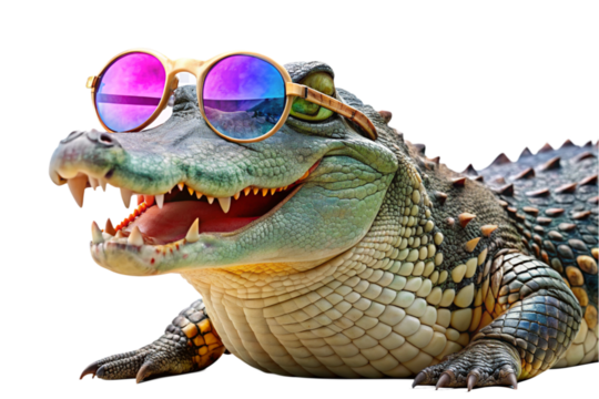 portrait crocodile with fancy sunglasses isolated on a transparent background