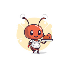 Ant cartoon character holding a plate of chocolate cake. Vector illustration.