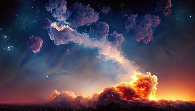 A vast, star-filled sky, with a billowing, smoke-like cloud of fire in the background