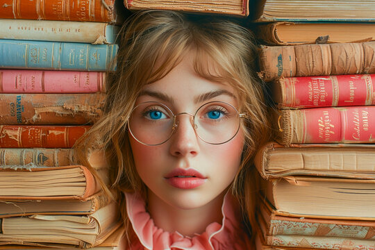 Young Girl in Glasses Standing by Stack of Books