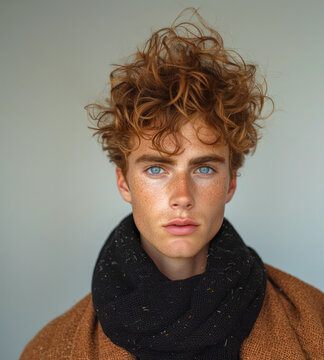 man Young red-haired man with freckles and a scarf around his neck against a gray background