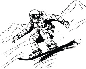 Snowboarder. Extreme winter sport. Monochrome vector illustration