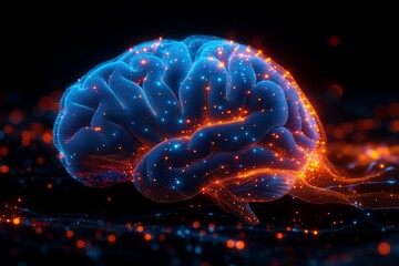 Fototapeta premium Futuristic glowing neon brain, isolated on dark black background. Science medical illustration. Neurology research, artificial intelligence concept. 3D illustration.