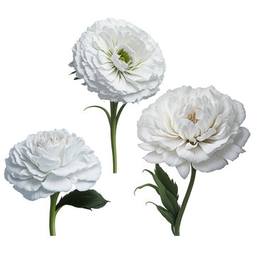 Set of three white flowers with long stems, round in shape on PNG background. Generative AI.