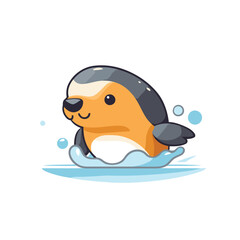 Cute cartoon penguin swimming in the water. Vector illustration.