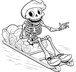 Skeleton riding a snowboard. Vector illustration for coloring book.