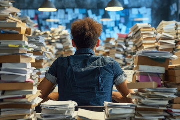 A person surrounded by stacks of papers, overwhelmed by work, resembling a low battery state.