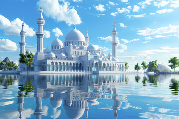 3d white mosque with water reflection and blue sky. ramadan kareem holiday celebration concept - obrazy, fototapety, plakaty