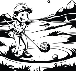 Boy playing golf. Black and white vector illustration for coloring book.