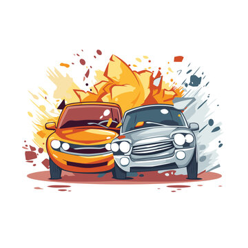 Vector illustration of a car crash on white background with splashes.