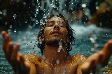 Portrait of young sexy happy man under the splashing falling water shower waterfall. Relaxation under waterfall.
