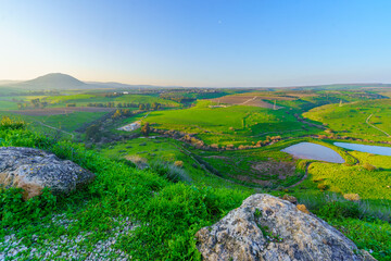 Fototapeta na wymiar Tabor Stream landscape, with countryside, Mount Tabor