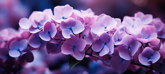 Vibrant purple hydrangea blossoms in full bloom against a colorful summer background