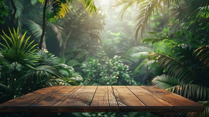 Table top wood counter floor podium in nature outdoors tropical forest garden 