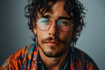 Fototapeta premium Portraits of Masculine Men with Wavy Curly Hair and Glasses