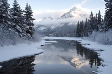 Fototapeta na wymiar Landscape with snow covered mountains - Generative AI