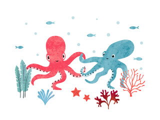 Couple of cute octopuses. Marine watercolor vector illustration for kids. Underwater life poster - 743635686
