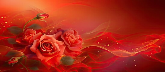 A painting depicting vibrant red roses blooming against a solid red background. The flowers are detailed with rich colors and delicate petals, creating a striking visual impact.